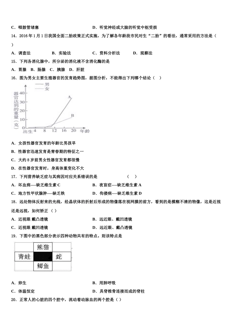 2025届福建省泉州市泉州培元中学七下生物期末质量检测模拟试题含解析_第3页
