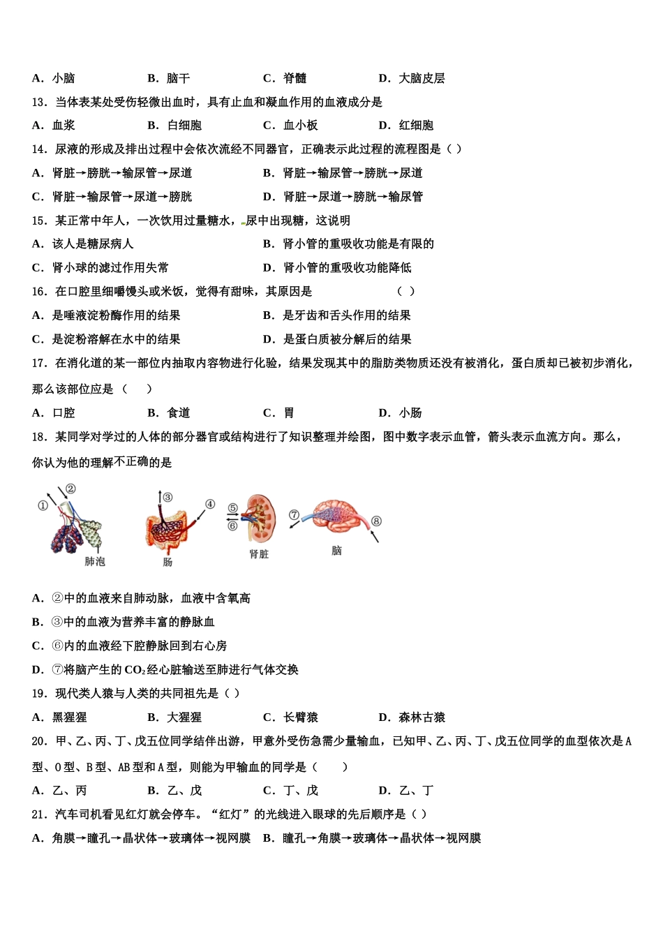福建省泉州市第五中学2024-2025学年生物七下期末预测试题含解析_第3页