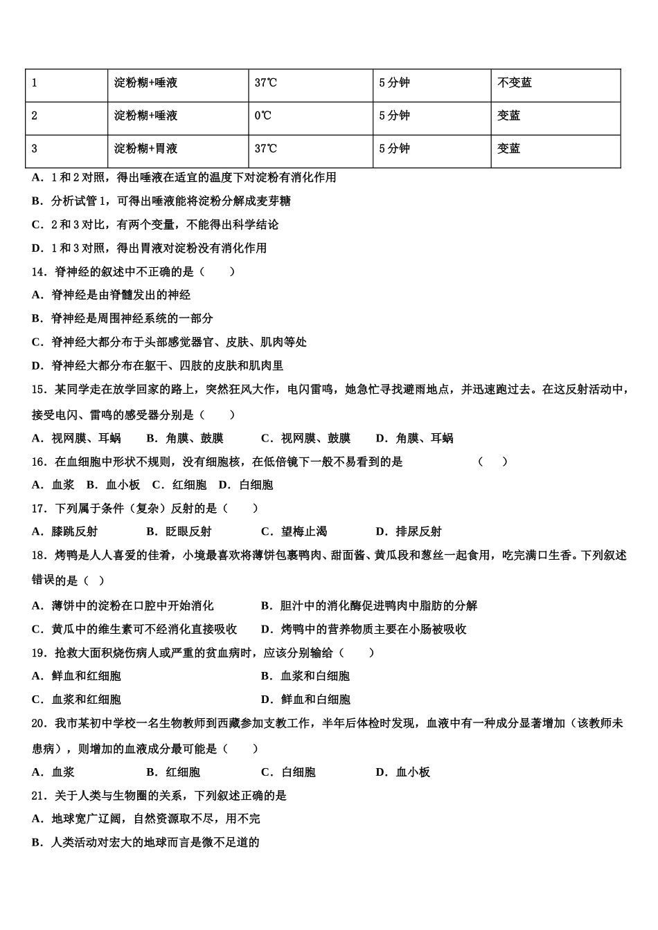 2024-2025学年福建省漳州市名校七年级生物第二学期期末考试试题含解析_第3页