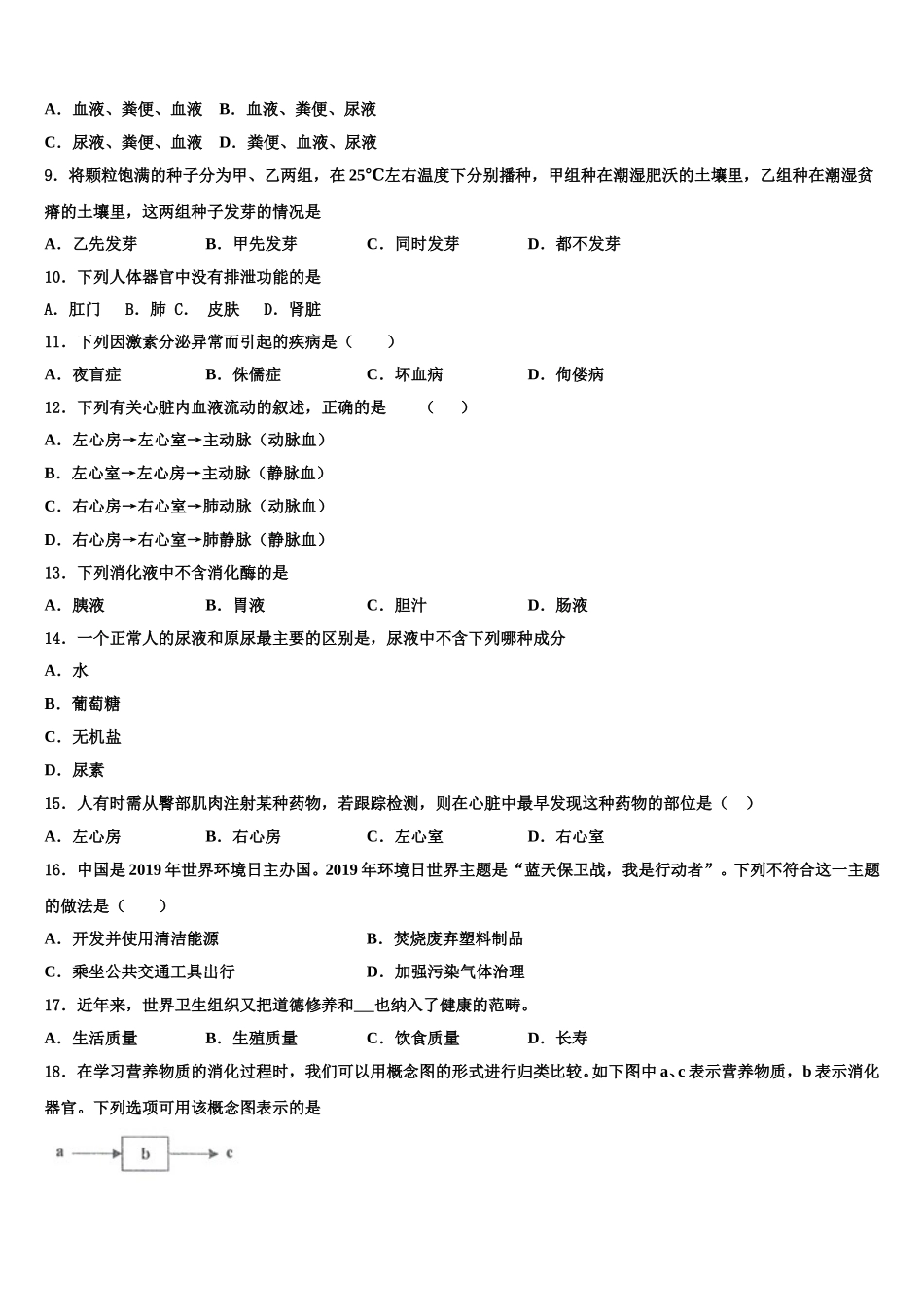 福建省厦门市竹坝学校2025届生物七下期末质量跟踪监视模拟试题含解析_第2页