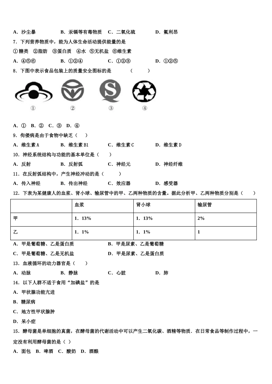 2024-2025学年福建莆田市生物七下期末统考试题含解析_第2页