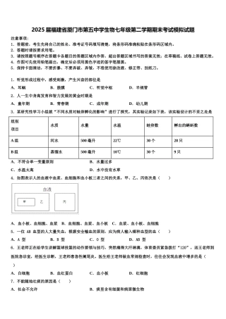 2025届福建省厦门市第五中学生物七年级第二学期期末考试模拟试题含解析