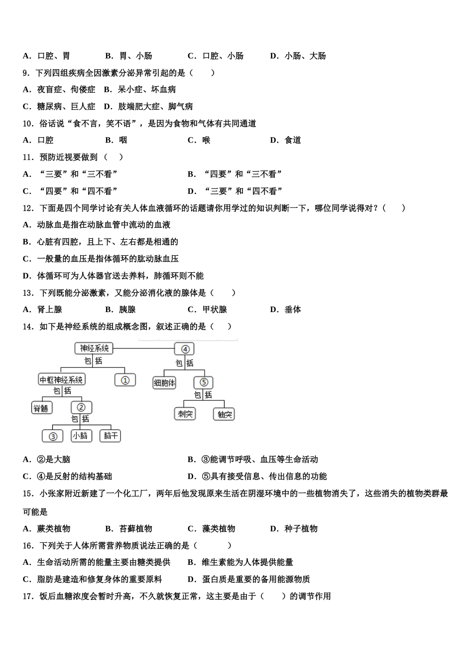 福建省福州市五校联考2025年生物七年级第二学期期末预测试题含解析_第2页