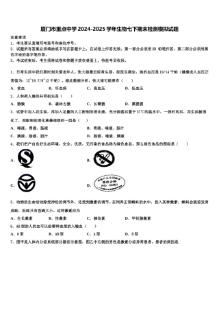 厦门市重点中学2024-2025学年生物七下期末检测模拟试题含解析