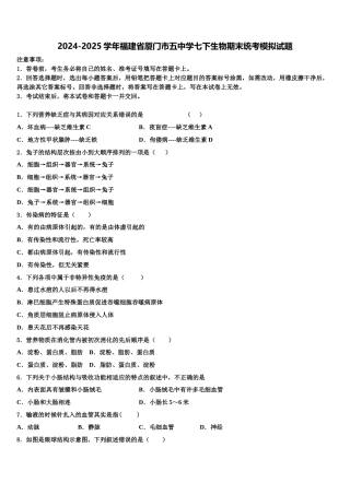 2024-2025学年福建省厦门市五中学七下生物期末统考模拟试题含解析