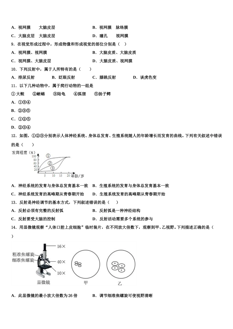 福建省莆田砺志国际学校2025届生物七下期末学业水平测试模拟试题含解析_第2页