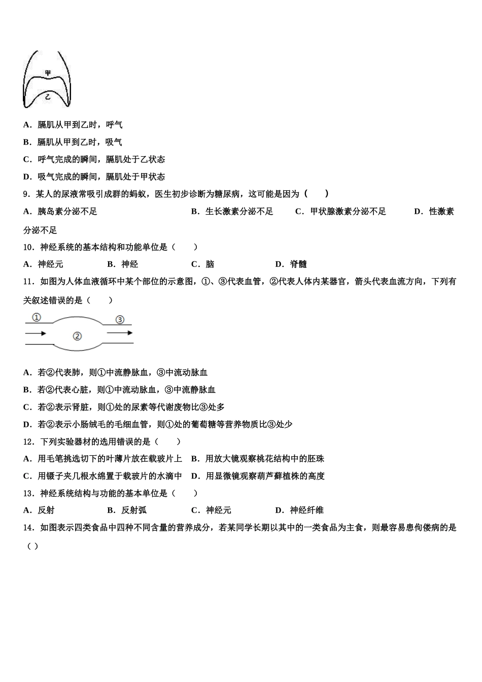 2024-2025学年吉林大附中力旺实验中学生物七下期末检测模拟试题含解析_第2页