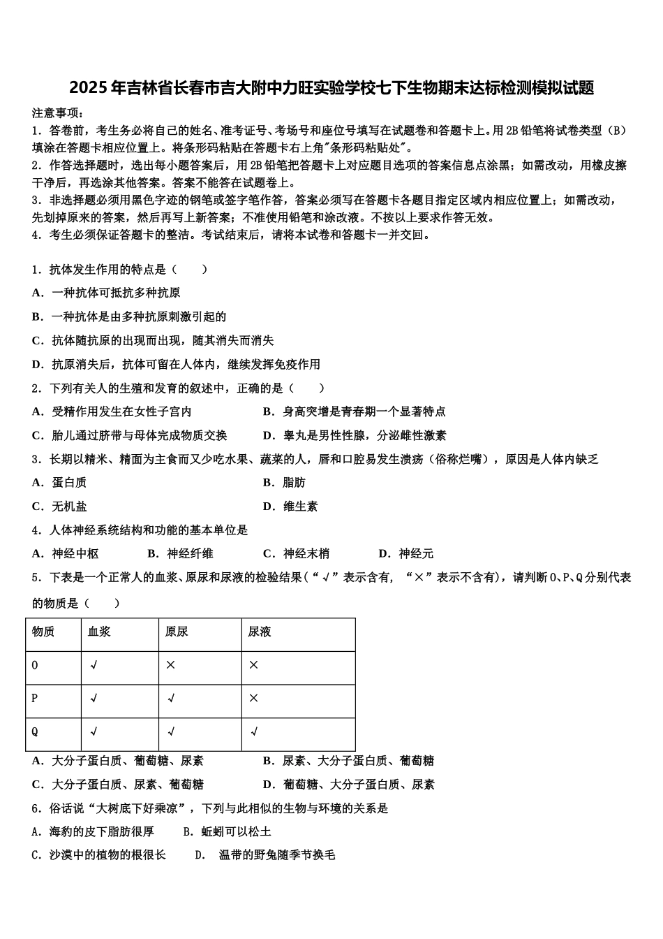 2025年吉林省长春市吉大附中力旺实验学校七下生物期末达标检测模拟试题含解析_第1页