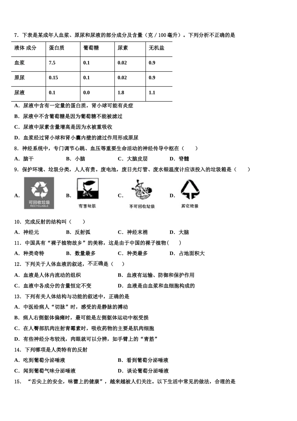 2025年吉林省长春市德惠市第三中学生物七下期末学业水平测试试题含解析_第2页