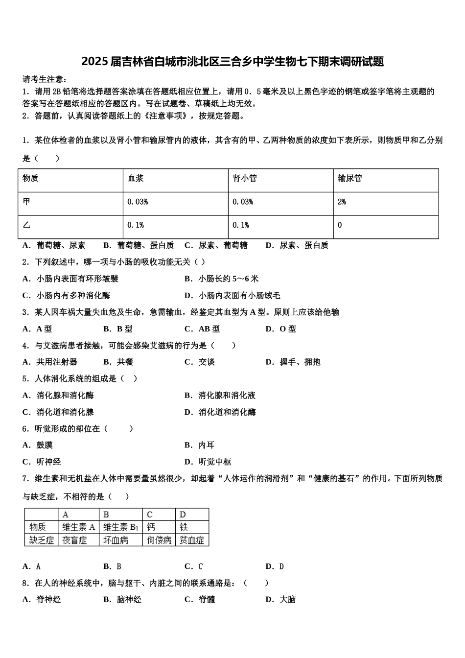 2025届吉林省白城市洮北区三合乡中学生物七下期末调研试题含解析_第1页