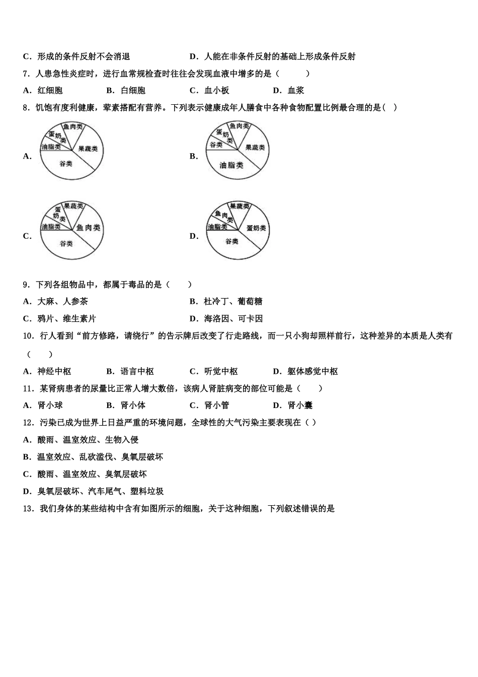 2024-2025学年长春市重点中学七下生物期末学业质量监测模拟试题含解析_第2页