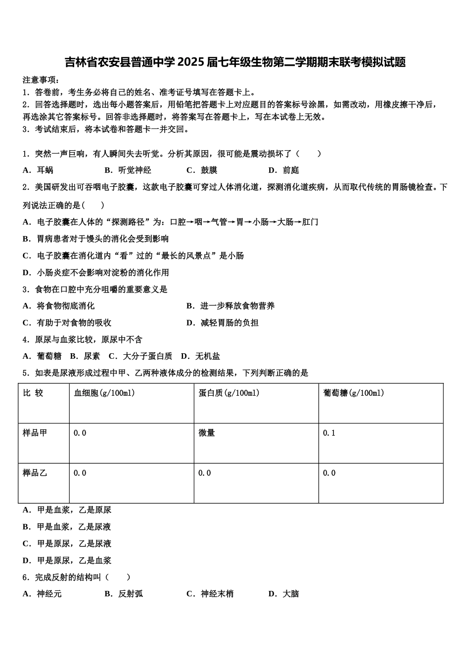 吉林省农安县普通中学2025届七年级生物第二学期期末联考模拟试题含解析_第1页
