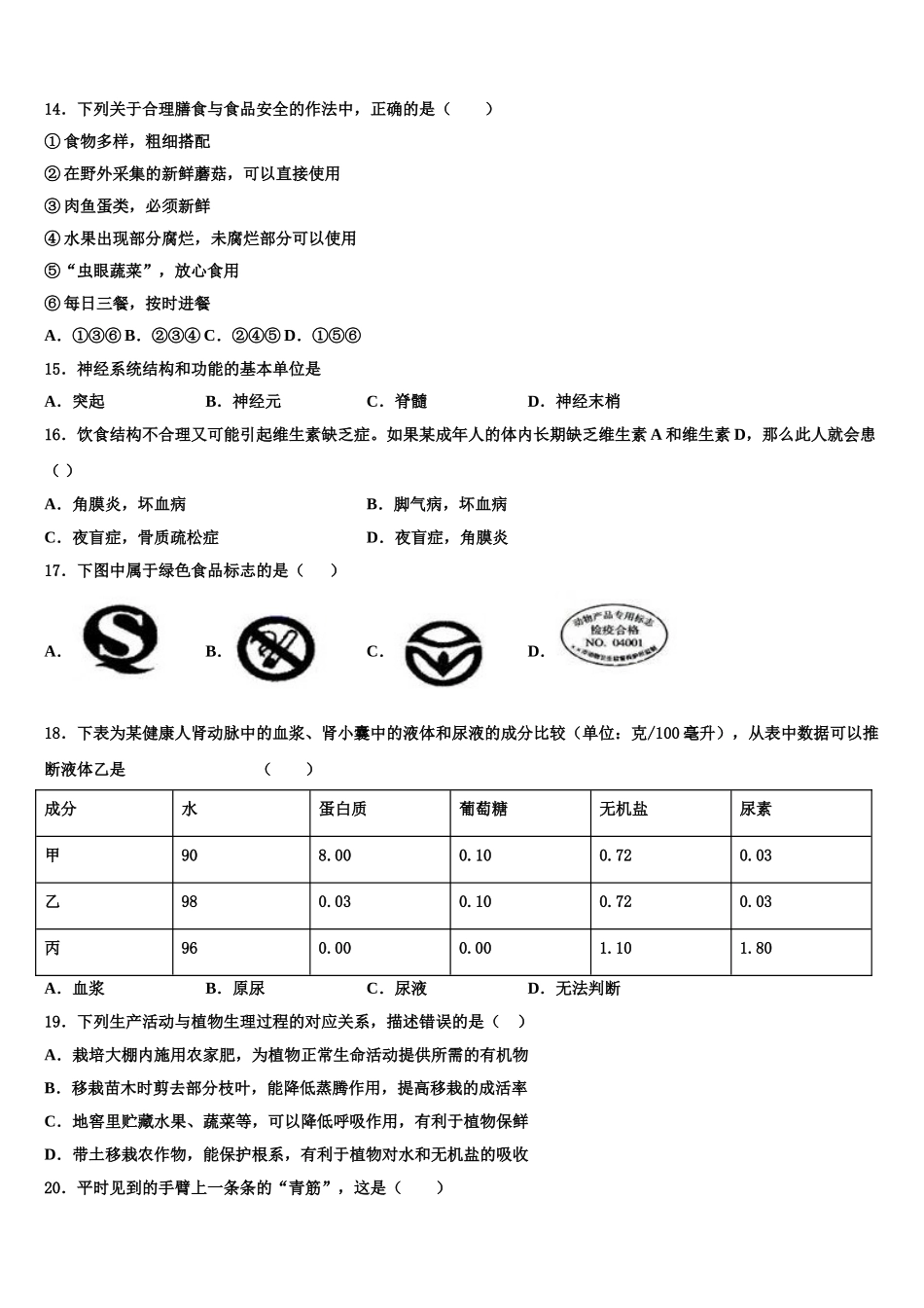 吉林省长春市第103中学2025届生物七年级第二学期期末达标测试试题含解析_第3页