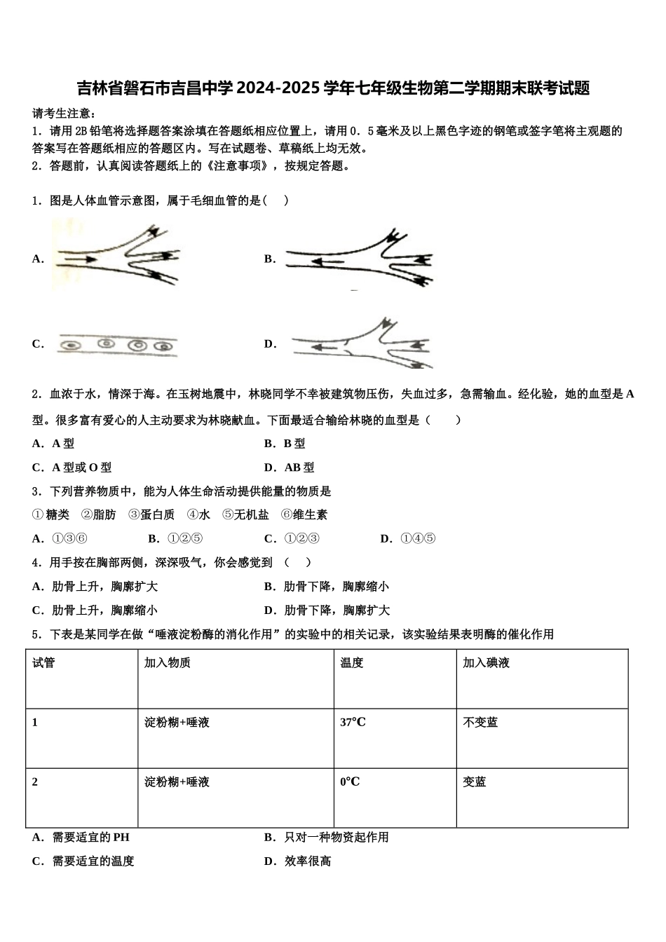 吉林省磐石市吉昌中学2024-2025学年七年级生物第二学期期末联考试题含解析_第1页