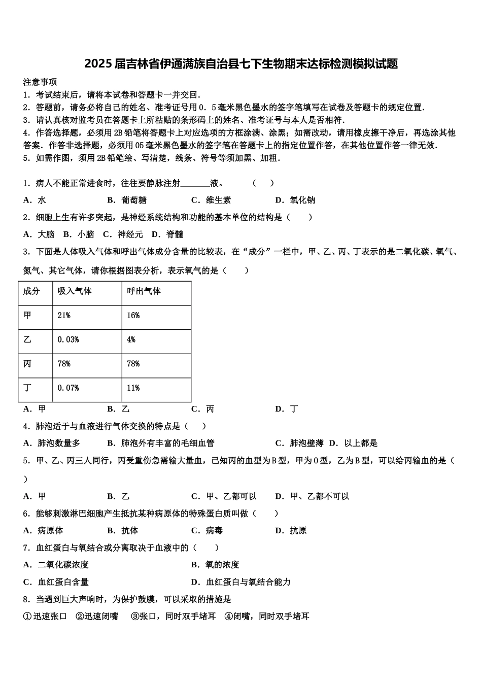 2025届吉林省伊通满族自治县七下生物期末达标检测模拟试题含解析_第1页