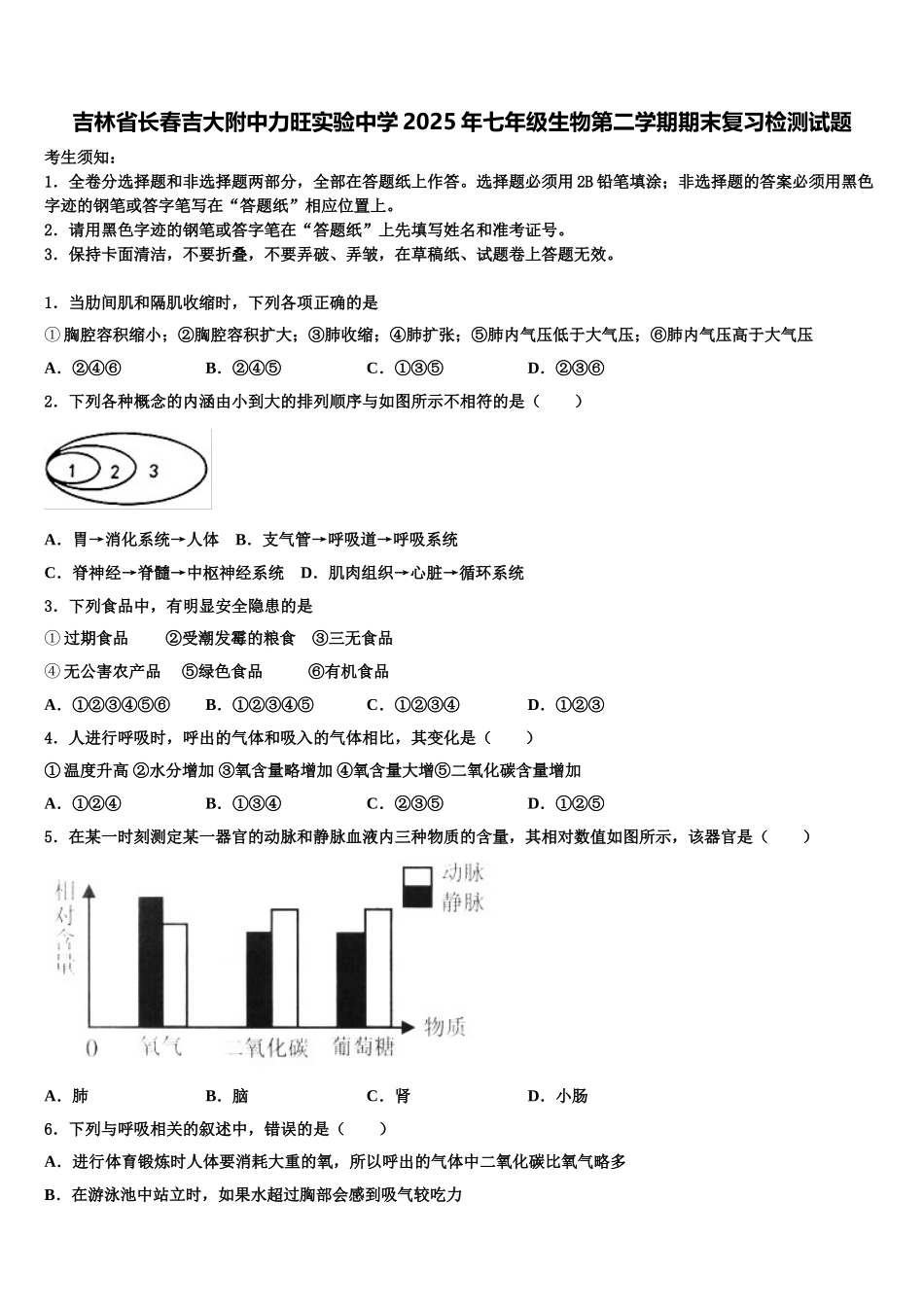 吉林省长春吉大附中力旺实验中学2025年七年级生物第二学期期末复习检测试题含解析_第1页