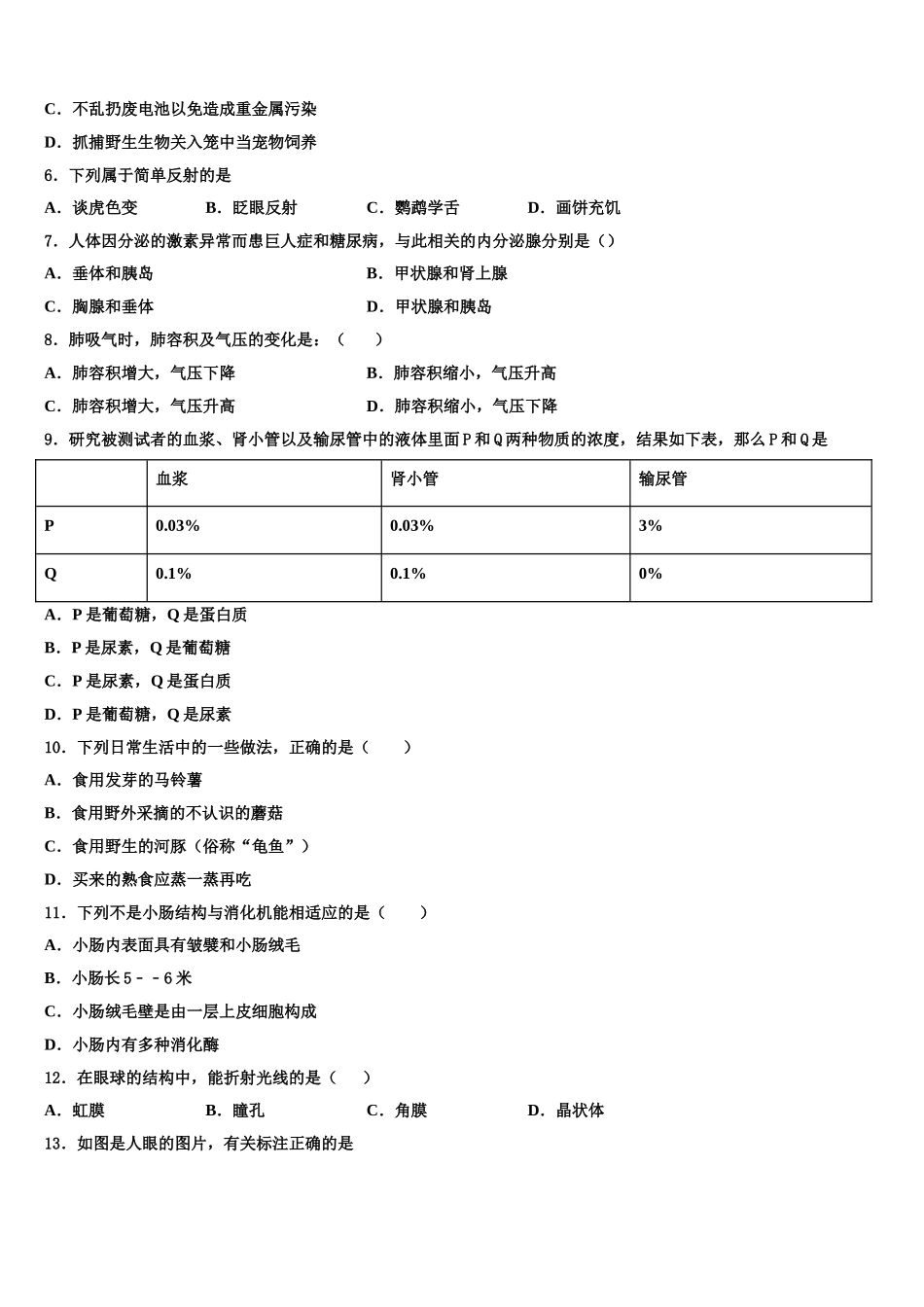 吉林省吉林市第七中学2025年七下生物期末学业水平测试模拟试题含解析_第2页