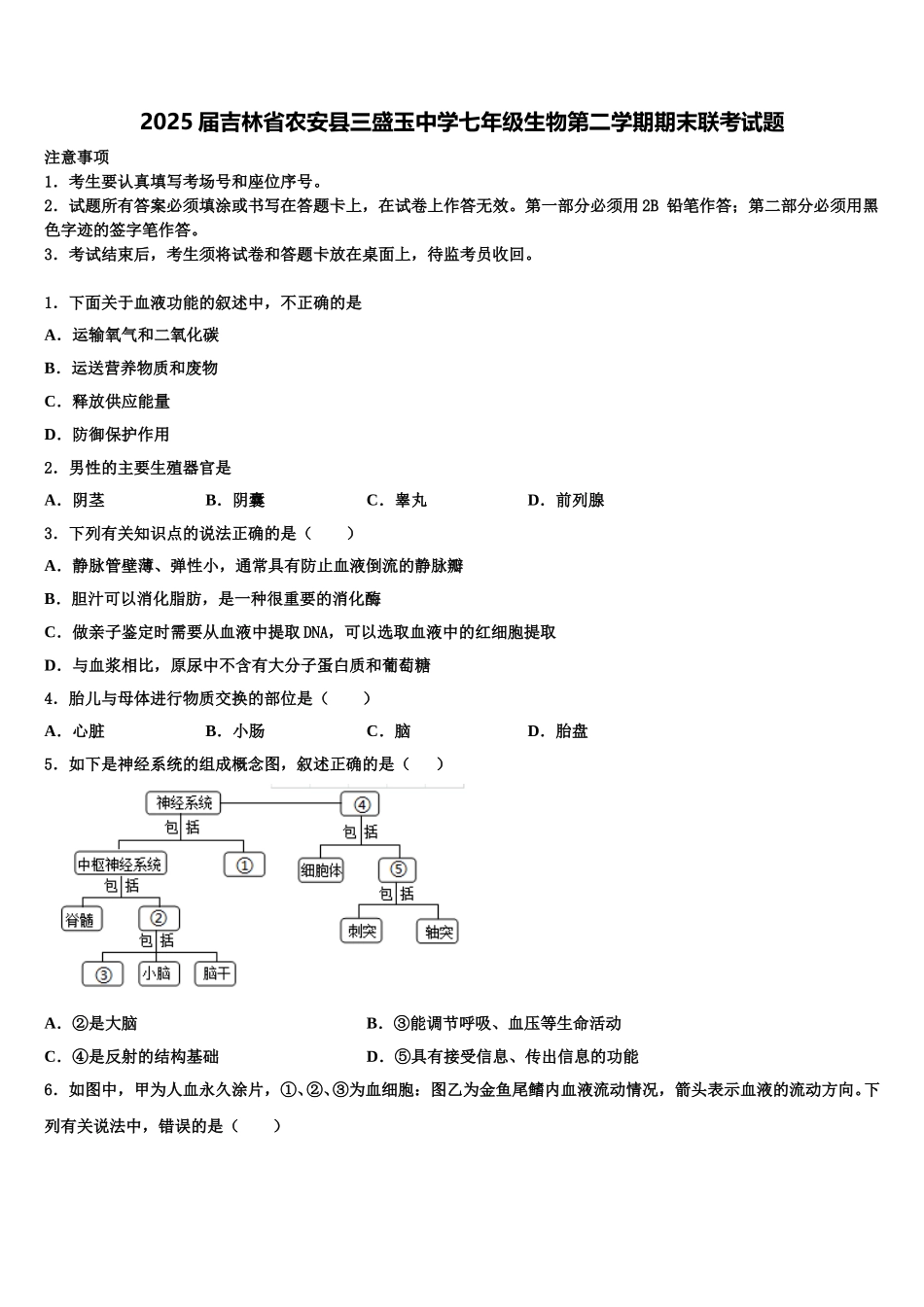 2025届吉林省农安县三盛玉中学七年级生物第二学期期末联考试题含解析_第1页