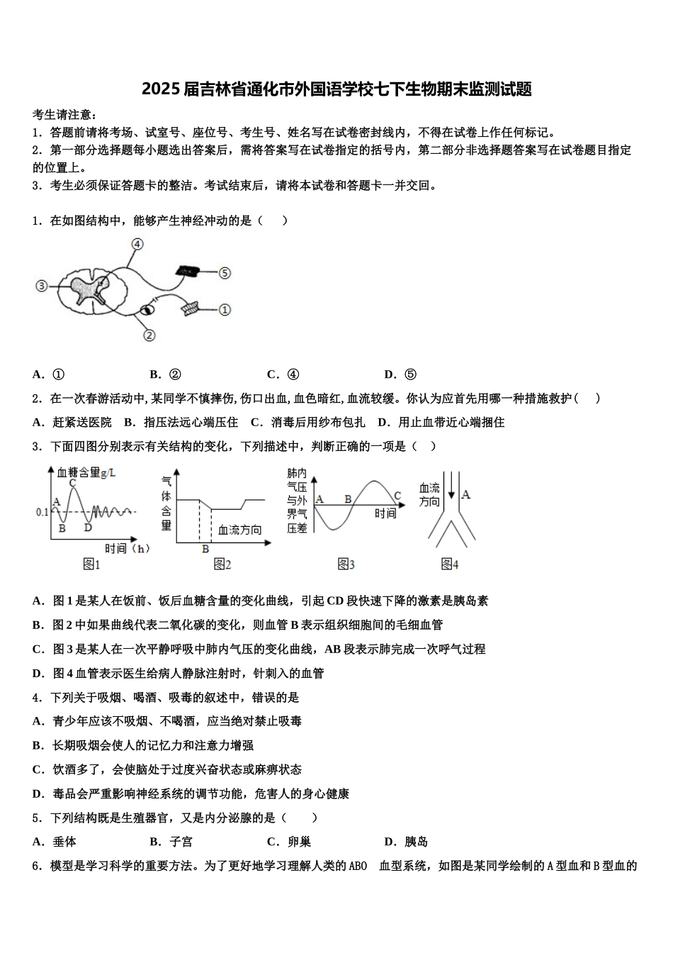 2025届吉林省通化市外国语学校七下生物期末监测试题含解析_第1页