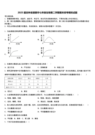 2025届吉林省德惠市七年级生物第二学期期末统考模拟试题含解析