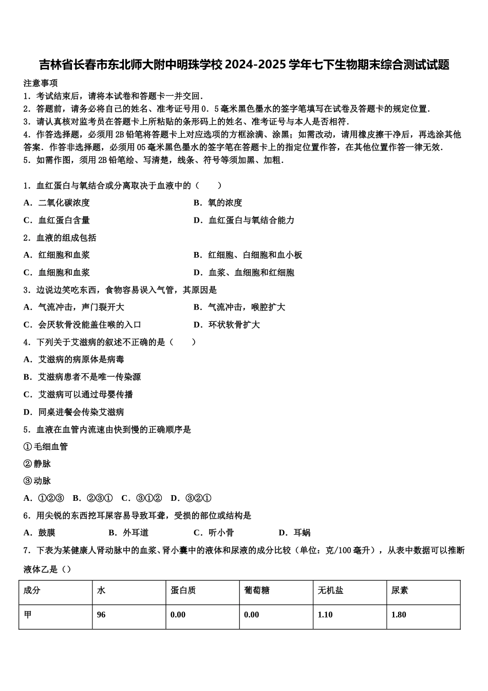 吉林省长春市东北师大附中明珠学校2024-2025学年七下生物期末综合测试试题含解析_第1页