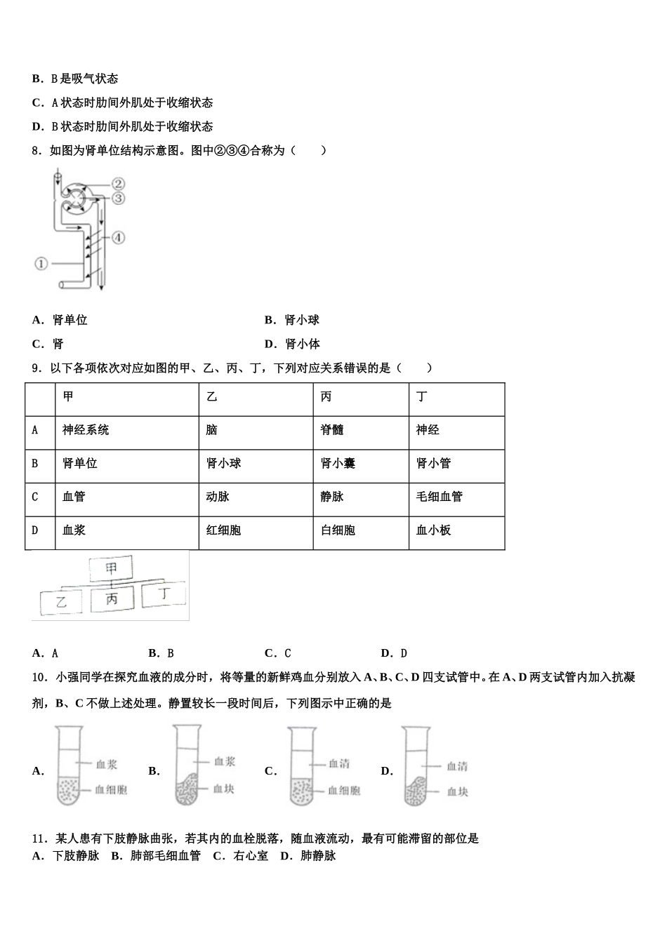 2025届怒江市重点中学七年级生物第二学期期末考试模拟试题含解析_第2页