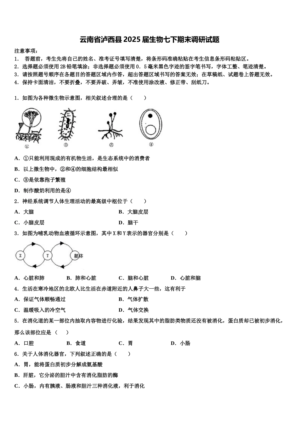 云南省泸西县2025届生物七下期末调研试题含解析_第1页