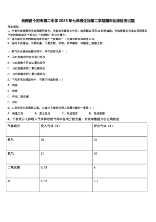 云南省个旧市第二中学2025年七年级生物第二学期期末达标检测试题含解析