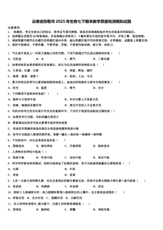 云南省弥勒市2025年生物七下期末教学质量检测模拟试题含解析