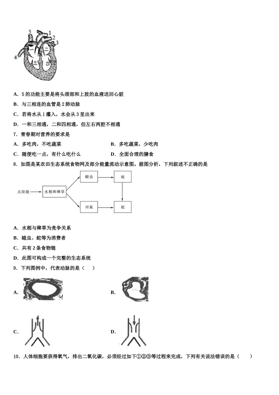 云南省涧南彝族自治县2025届七年级生物第二学期期末教学质量检测模拟试题含解析_第2页