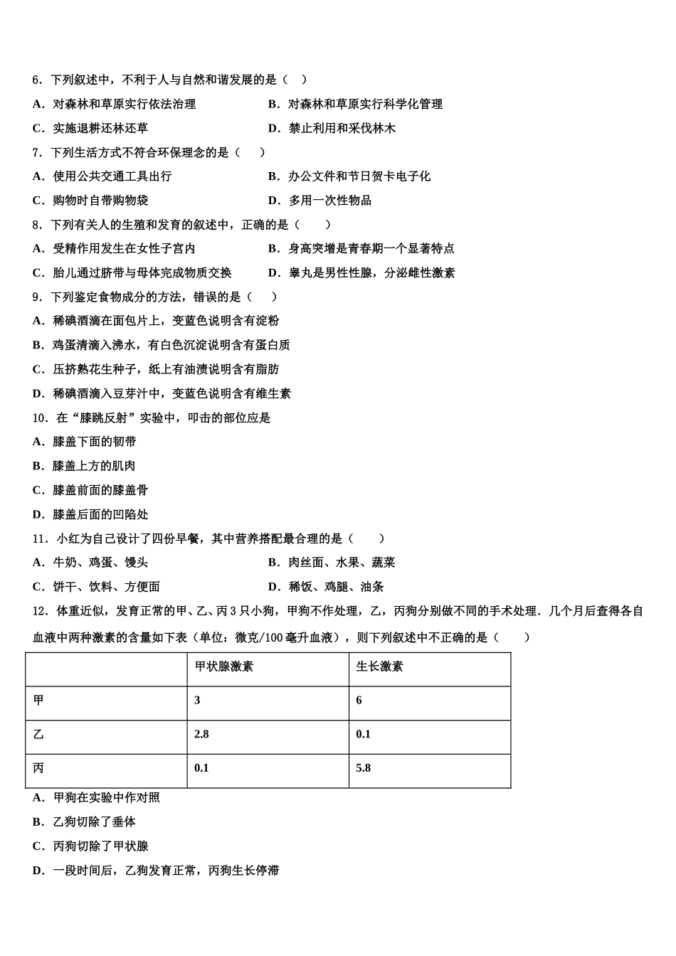 2024-2025学年昆明市重点中学生物七下期末检测模拟试题含解析_第2页