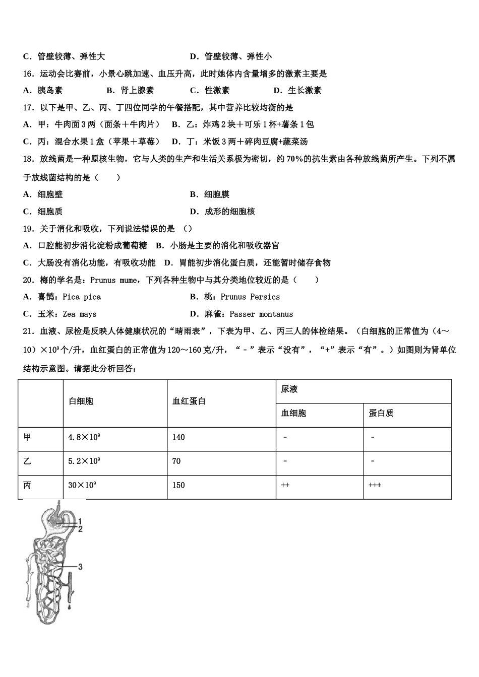 山东省青岛市平度市2024-2025学年生物七下期末调研模拟试题含解析_第3页