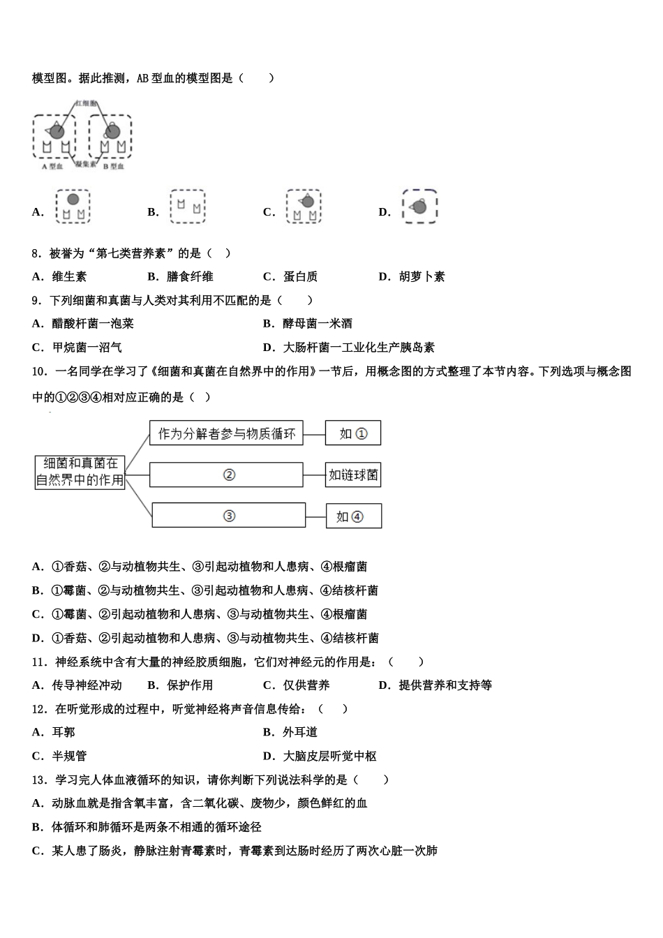 山东省滨州地区2025届七下生物期末检测试题含解析_第2页