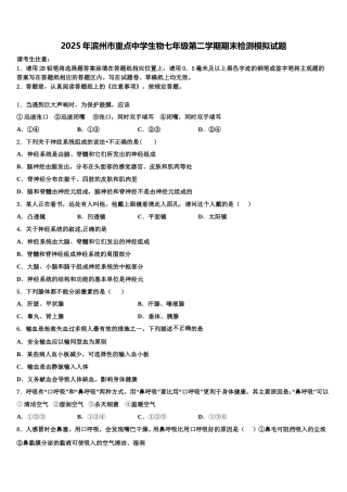 2025年滨州市重点中学生物七年级第二学期期末检测模拟试题含解析