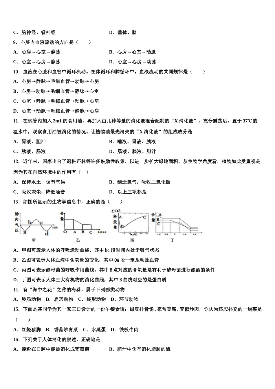 山东省日照实验中学2024-2025学年七年级生物第二学期期末监测试题含解析_第2页