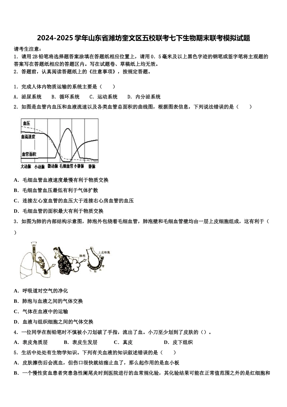 2024-2025学年山东省潍坊奎文区五校联考七下生物期末联考模拟试题含解析_第1页