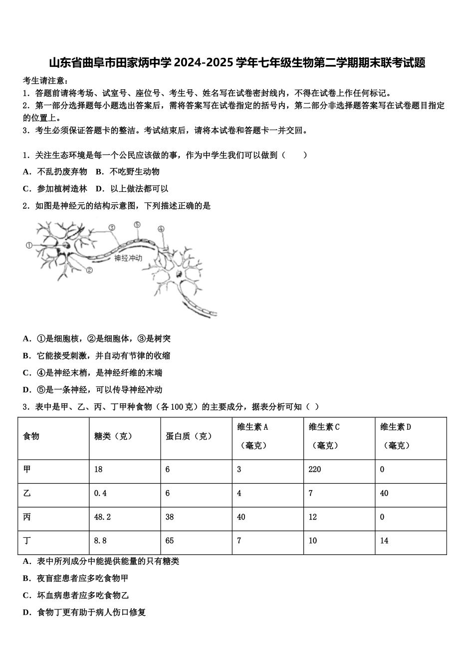 山东省曲阜市田家炳中学2024-2025学年七年级生物第二学期期末联考试题含解析_第1页