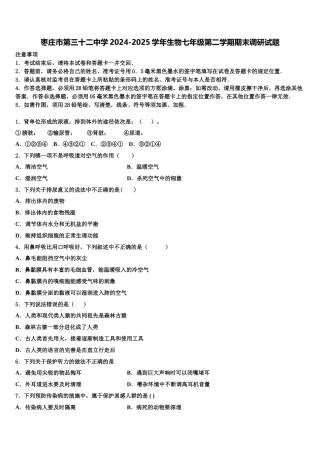 枣庄市第三十二中学2024-2025学年生物七年级第二学期期末调研试题含解析