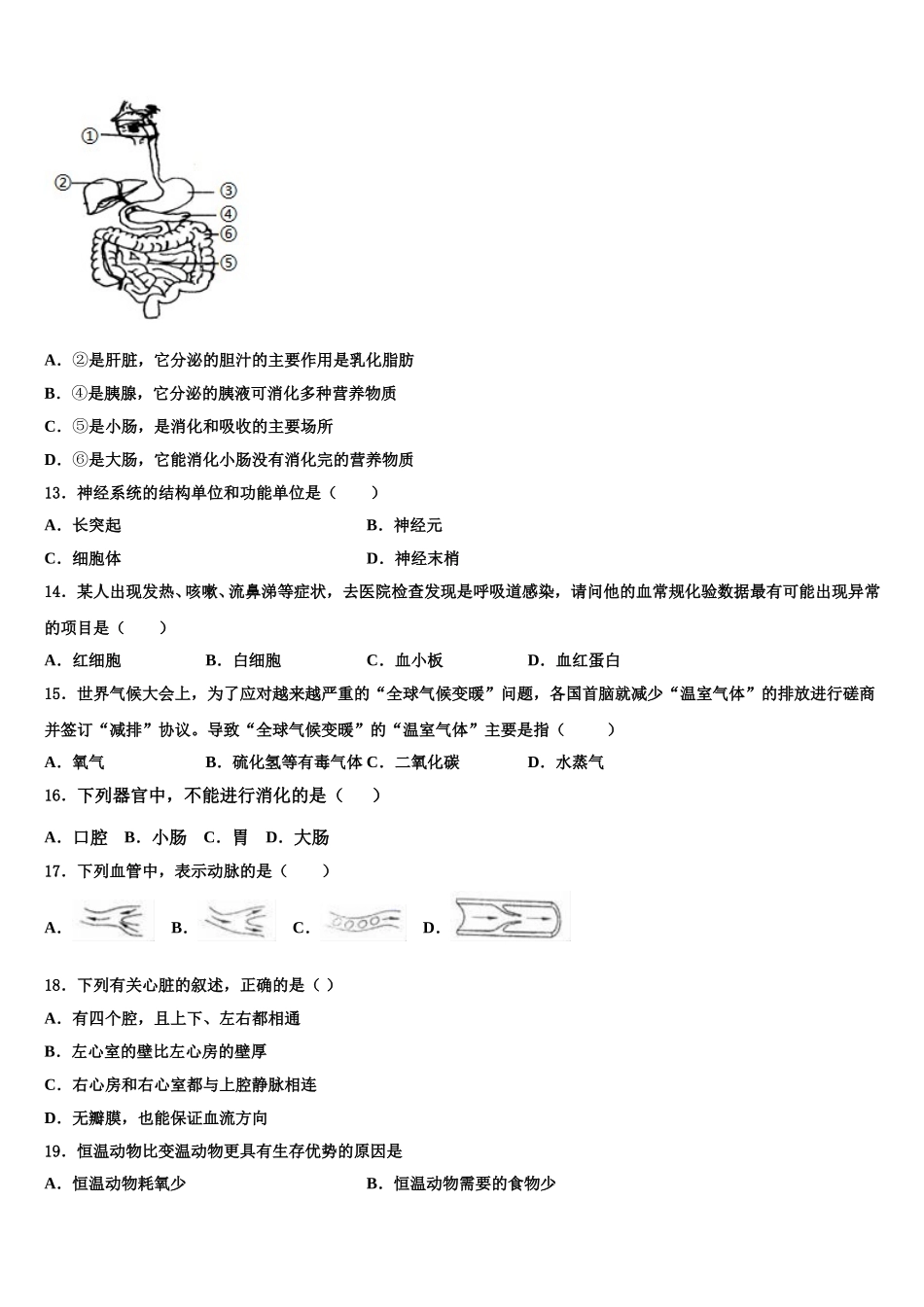 山东省费县2025届七下生物期末检测模拟试题含解析_第3页