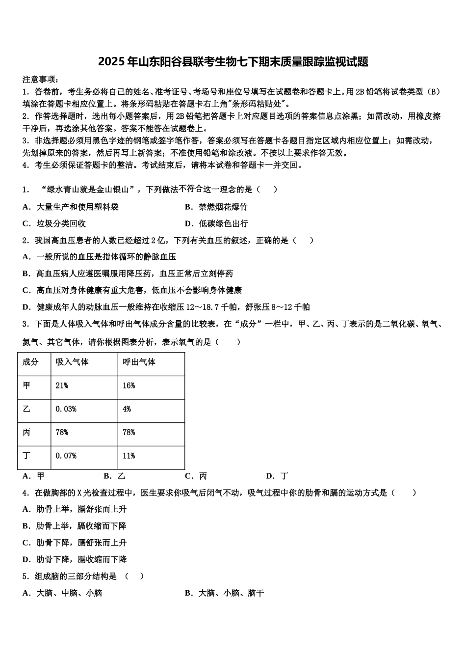 2025年山东阳谷县联考生物七下期末质量跟踪监视试题含解析_第1页