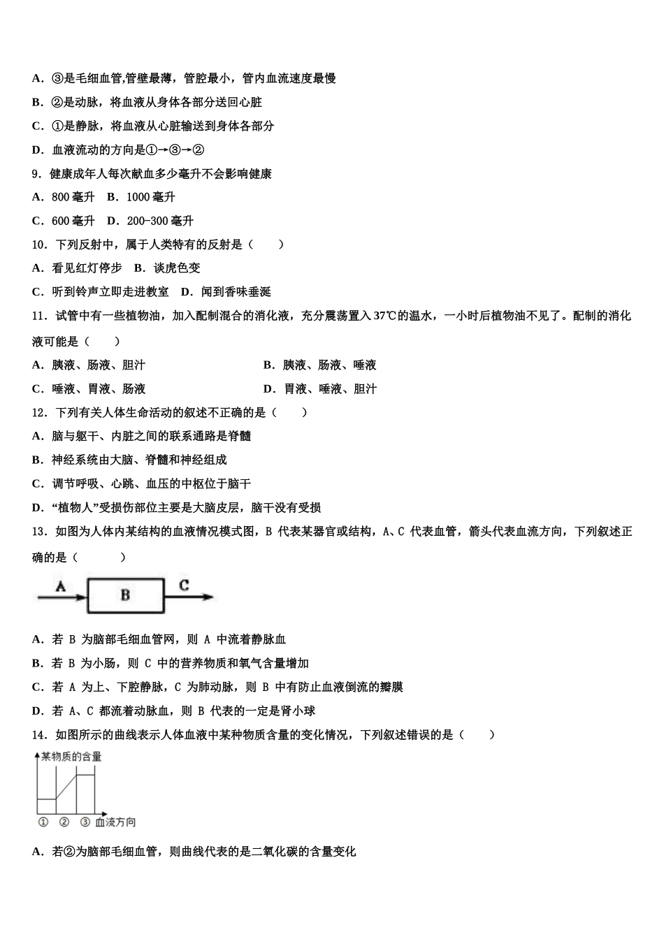 山东省枣庄市2024-2025学年七下生物期末联考模拟试题含解析_第2页