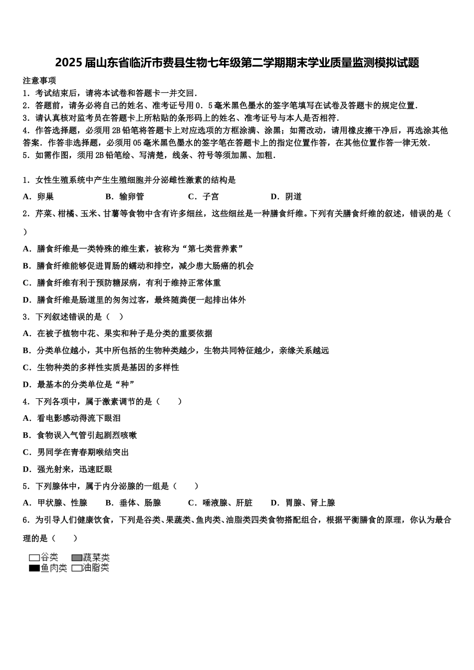 2025届山东省临沂市费县生物七年级第二学期期末学业质量监测模拟试题含解析_第1页