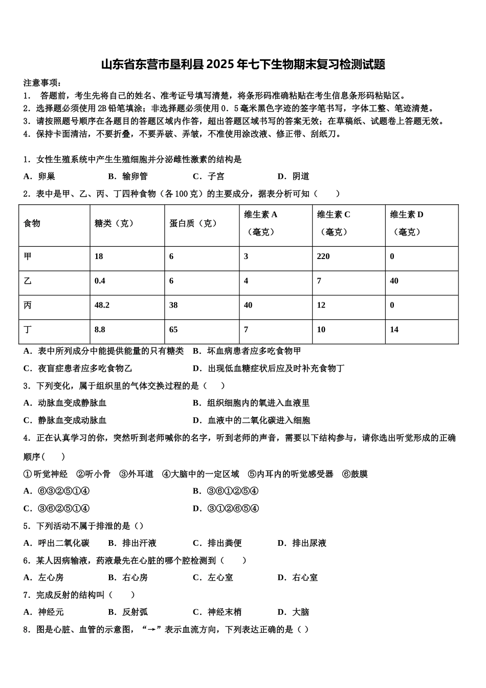 山东省东营市垦利县2025年七下生物期末复习检测试题含解析_第1页