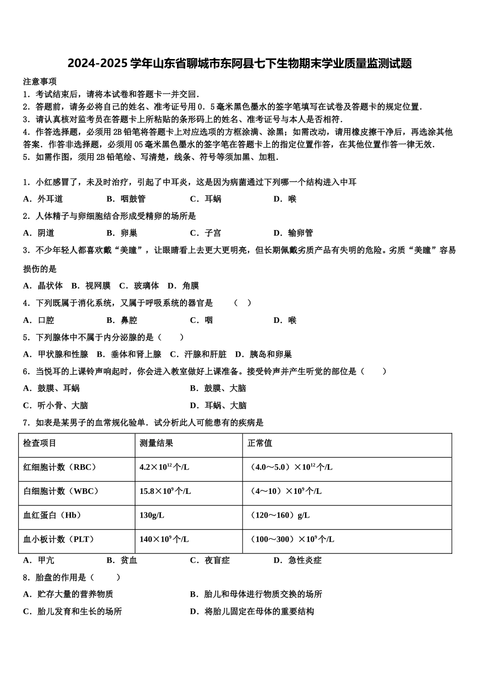 2024-2025学年山东省聊城市东阿县七下生物期末学业质量监测试题含解析_第1页