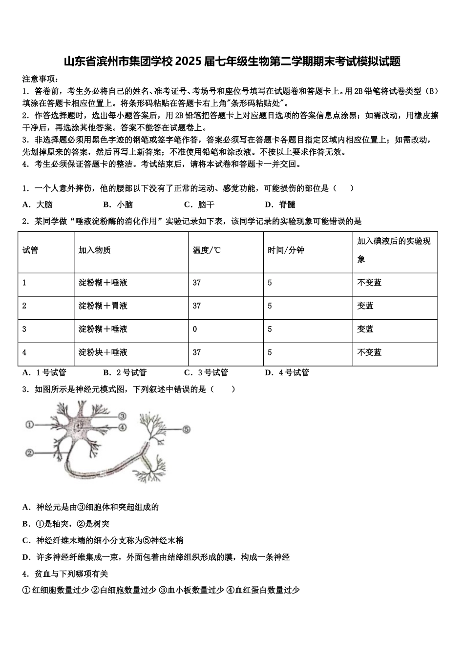 山东省滨州市集团学校2025届七年级生物第二学期期末考试模拟试题含解析_第1页