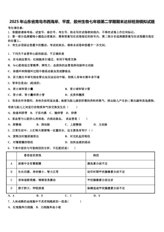 2025年山东省青岛市西海岸、平度、胶州生物七年级第二学期期末达标检测模拟试题含解析