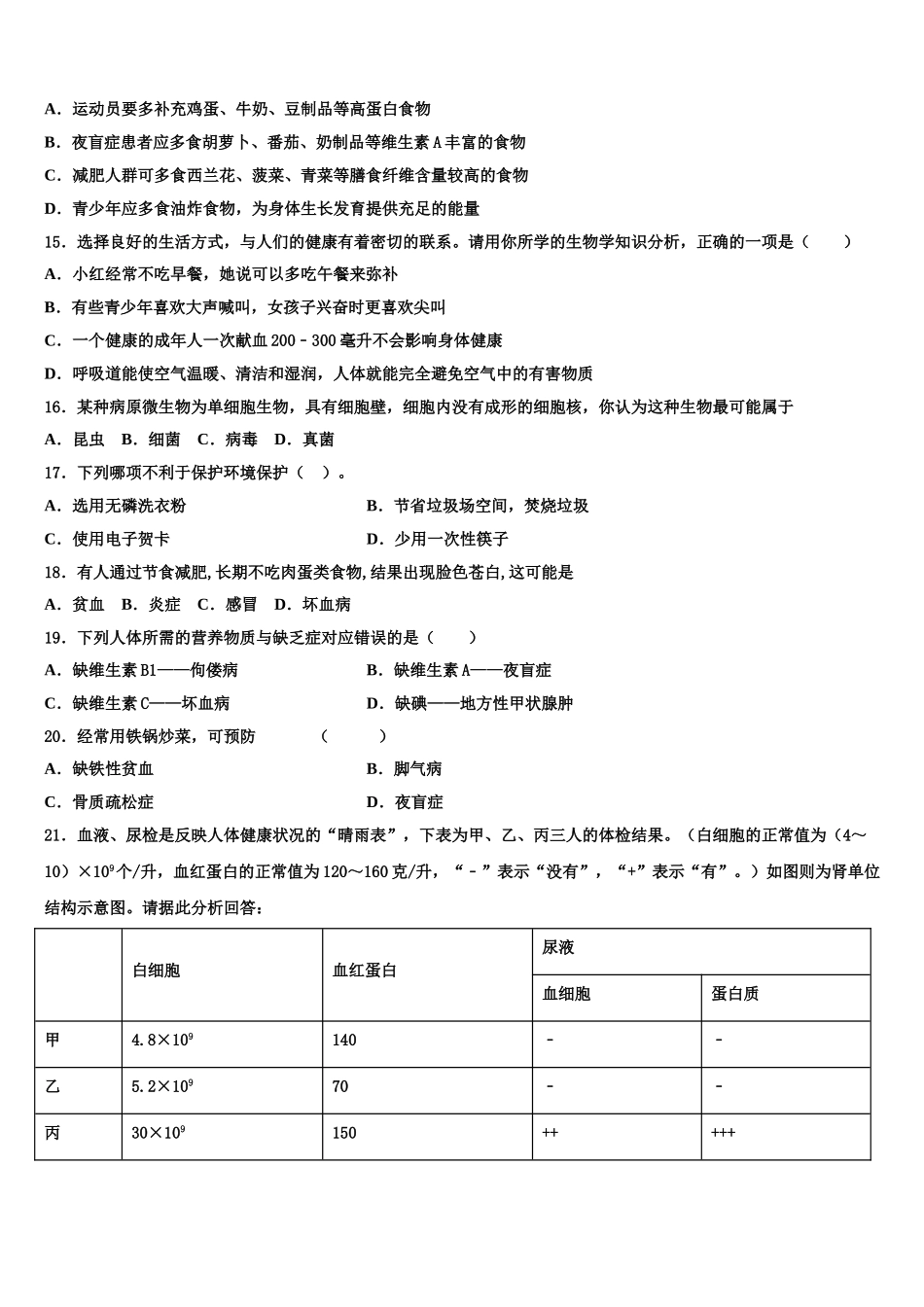 2024-2025学年山东省平邑县蒙阳新星学校七年级生物第二学期期末质量检测模拟试题含解析_第3页