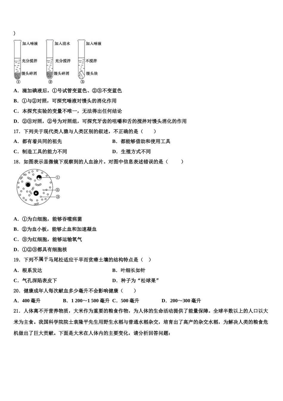 2024-2025学年山东省荣成市第三十五中学七下生物期末综合测试模拟试题含解析_第3页