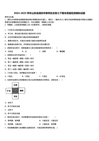 2024-2025学年山东省潍坊市寒亭区生物七下期末质量检测模拟试题含解析