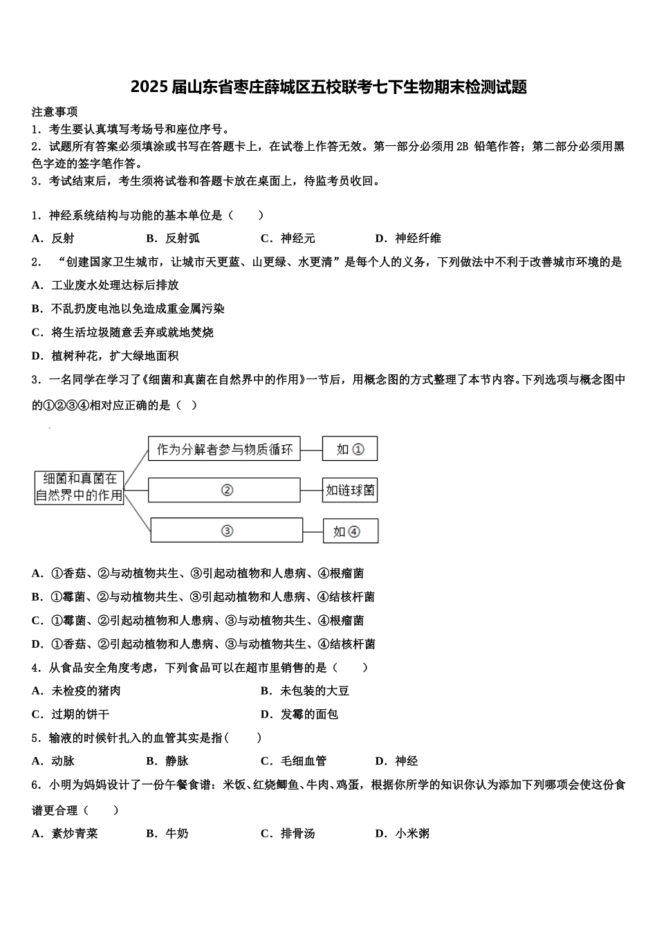2025届山东省枣庄薛城区五校联考七下生物期末检测试题含解析_第1页